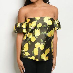 DARK OLIVE TOP w/YELLOW LEMONS PRINT OFF SHOULDER
